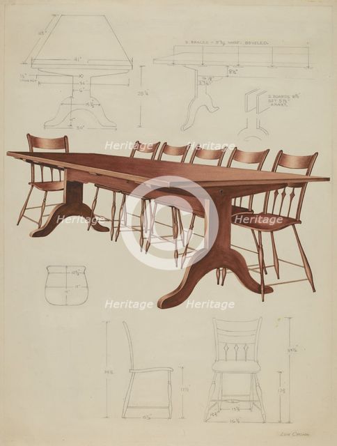 Shaker Dining Table and Chairs, c. 1937. Creator: Lon Cronk.