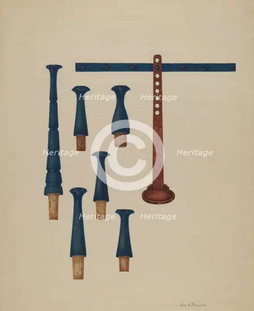 Shaker Pegs and Candlestand, c. 1938. Creator: George V. Vezolles.