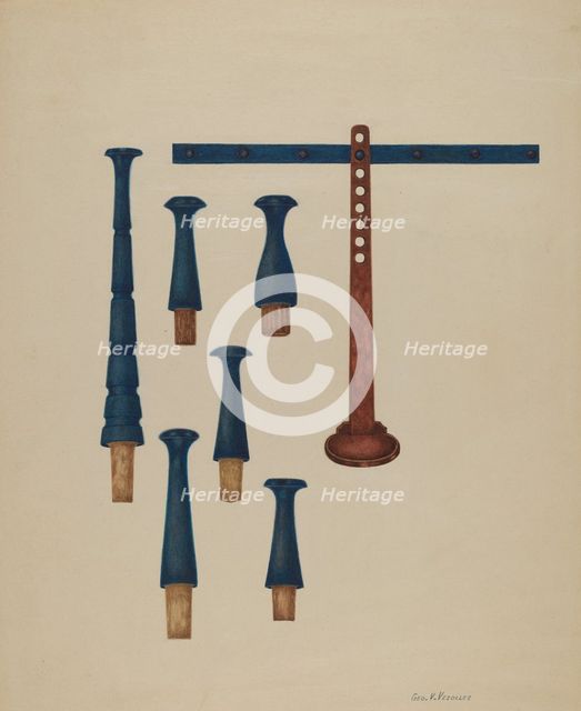 Shaker Pegs and Candlestand, c. 1938. Creator: George V. Vezolles.
