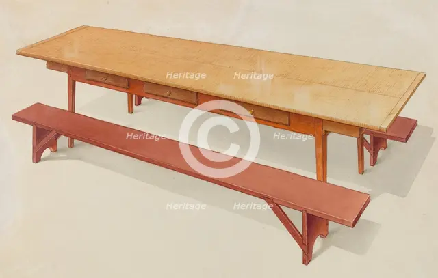 Shaker Refectory Table with Benches, c. 1936. Creator: Alfred H. Smith.