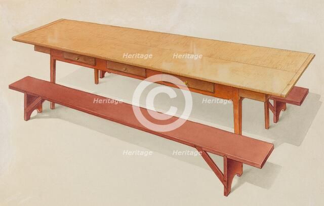 Shaker Refectory Table with Benches, c. 1936. Creator: Alfred H. Smith.