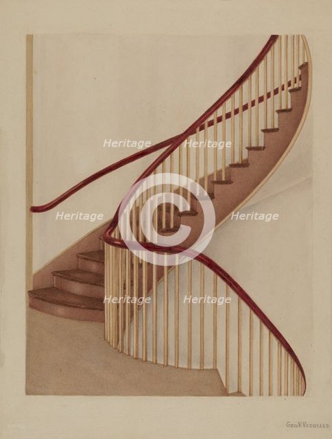 Shaker Spiral Staircase, c. 1938. Creator: George V. Vezolles.