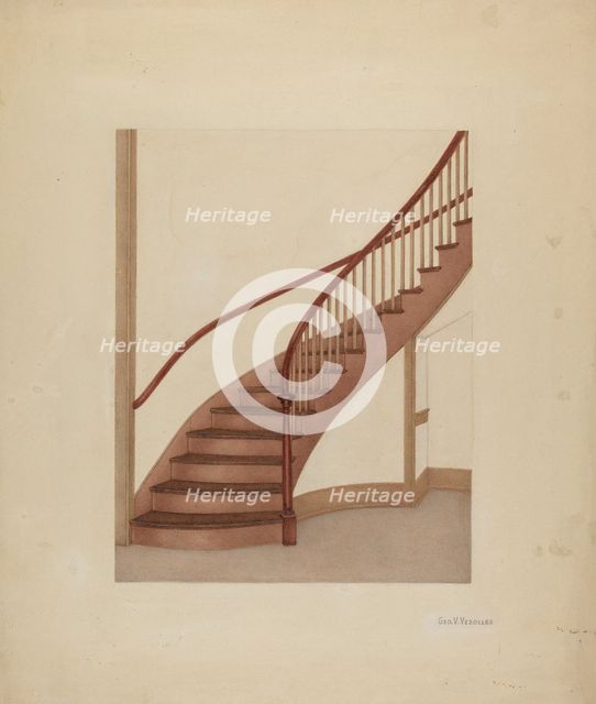 Shaker Spiral Staircase, c. 1938. Creator: George V. Vezolles.