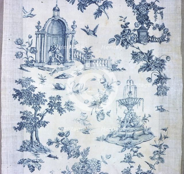 Shakespeare Monument with Fantastic Fountains and Trees (Furnishing Fabric), England, 1770/89. Creator: Unknown.