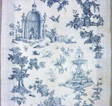 Shakespeare Monument with Fantastic Fountains and Trees (Furnishing Fabric), England, 1770/89. Creator: Unknown