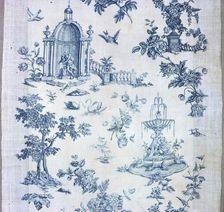 Shakespeare Monument with Fantastic Fountains and Trees (Furnishing Fabric), England, 1770/89. Creator: Unknown