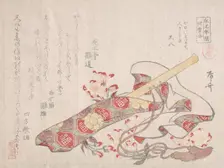 Shakuhachi, (a kind of bamboo flute), with Its Cover and Cherry Flowers, 19th century., 19th century Creator: Shinsai