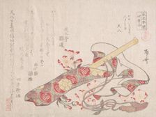 Shakuhachi, (a kind of bamboo flute), with Its Cover and Cherry Flowers, 19th century., 19th century Creator: Shinsai