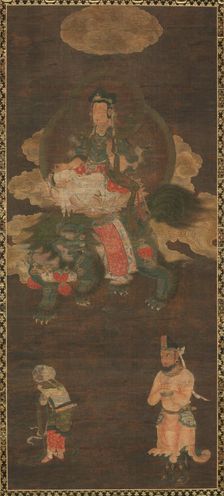 Shakyamuni Triad: Buddha Attended by Manjushri and Samantabhadra (Bodhisattva with Lion), late 1300s Creator: Unknown