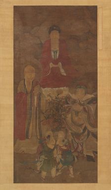 Shakyamuni with luohan, heavenly king, and boys, early 17th century. Creator: Unknown
