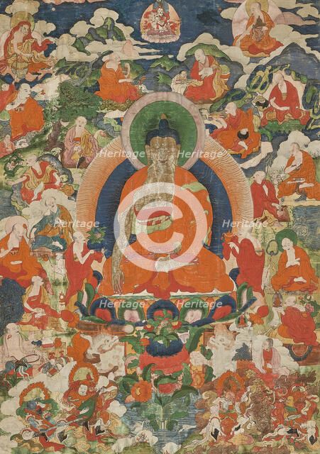 Shakyamuni Buddha and the Sixteen Arhats, 19th century. Creator: Tibetan culture.