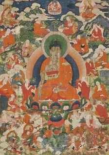 Shakyamuni Buddha and the Sixteen Arhats, 19th century. Creator: Tibetan culture
