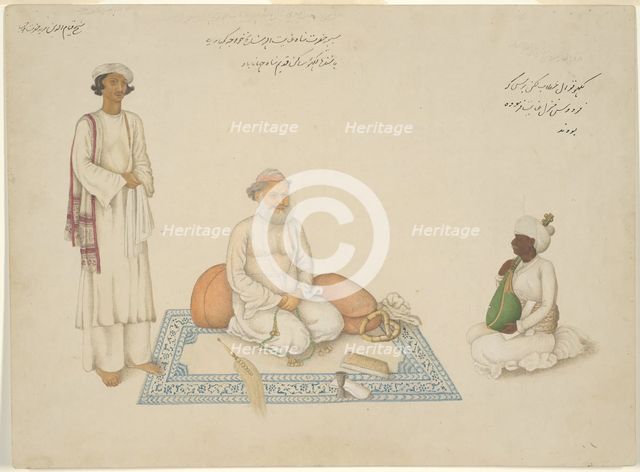 Shah Inayat Allah of Sind with his Musician Makkhu and his Attendant Shaykh Qiyam..., c. 1820. Creator: Unknown.