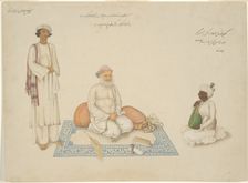 Shah Inayat Allah of Sind with his Musician Makkhu and his Attendant Shaykh Qiyam..., c. 1820. Creator: Unknown