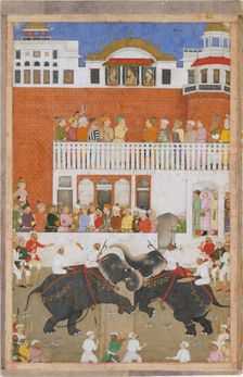 Shah Jahan Watching an Elephant Fight, Folio from a Padshahnama, probably 1639. Creator: Bulaqi