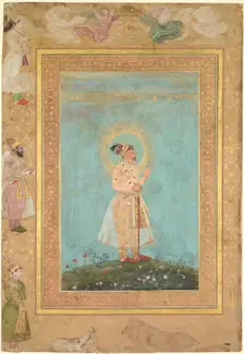 Shah Jahan holding a spinel and a long Deccan sword, from the Late Shah Jahan Album, c. 1650. Creator: Hashim (Indian, active 1598-c.1650), attributed to