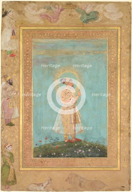 Shah Jahan holding a spinel and a long Deccan sword, from the Late Shah Jahan Album, c. 1650. Creator: Hashim (Indian, active 1598-c.1650), attributed to.