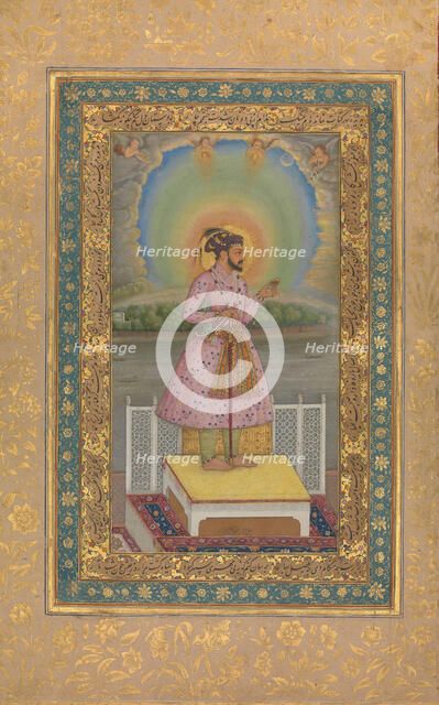Shah Jahan on a Terrace, Holding a Pendant Set With His Portrait, Folio..., 1627-28. Creator: Chitarman.
