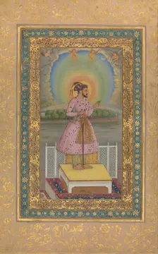 Shah Jahan on a Terrace, Holding a Pendant Set With His Portrait, Folio..., 1627-28. Creator: Chitarman