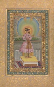 Shah Jahan on a Terrace, Holding a Pendant Set With His Portrait, Folio..., 1627-28. Creator: Chitarman