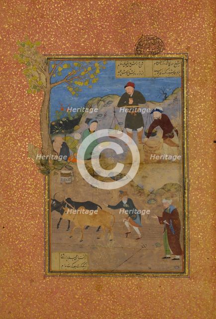 Shaikh Mahneh and the Villager, Folio 49r from a Mantiq al-tair (Language of the Birds), 1487. Creator: Unknown.
