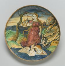Shallow bowl on low foot with the muse Clio riding on a swan through a watery...c. 1535/1540. Creator: Giorgio Andreoli workshop