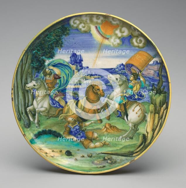 Shallow bowl on low foot with the Conversion of Saul, c. 1525. Creator:  Francesco Xanto Avelli.