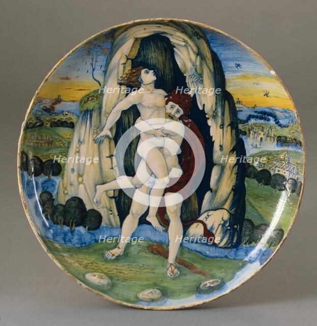 Shallow bowl with Hercules overcoming Antaeus, 1520. Creator: Giorgio Andreoli workshop.