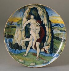 Shallow bowl with Hercules overcoming Antaeus, 1520. Creator: Giorgio Andreoli workshop
