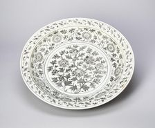 Shallow Dish with Peony Scrolls, Chrysanthemum Spray, and Key-Fret..., Ming dynasty, late 14th cent. Creator: Unknown