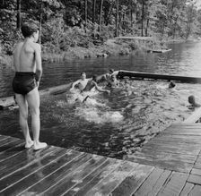 Shallow swimming pool for learners at Camp Nathan Hale, Southfields, New York, 1943 Creator: Gordon Parks