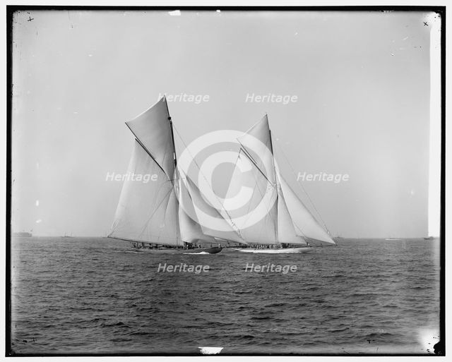 Shamrock and Columbia maneuvering for the start, 1899 Oct 19. Creator: Unknown.