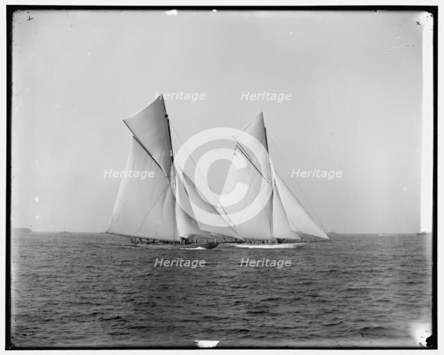 Shamrock and Columbia maneuvering for the start, 1899 Oct 19. Creator: Unknown.
