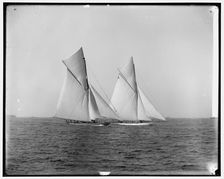 Shamrock and Columbia maneuvering for the start, 1899 Oct 19. Creator: Unknown
