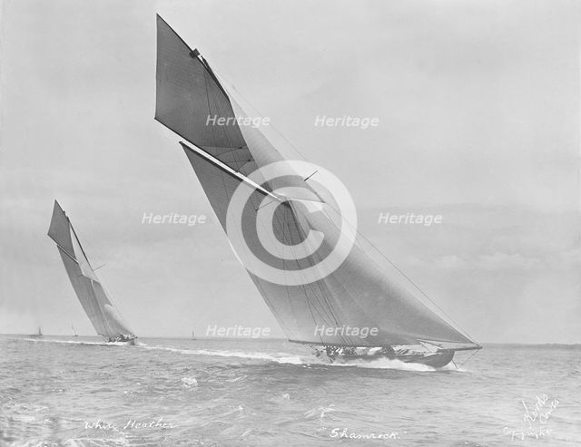 'Shamrock' and 'White Heather' powering to windward, 1912. Creator: Kirk & Sons of Cowes.
