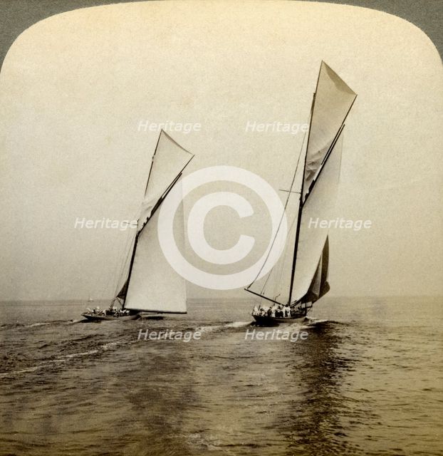 'Shamrock I' and 'Shamrock III' in a trial race off Sandy Hook, USA.Artist: Underwood & Underwood
