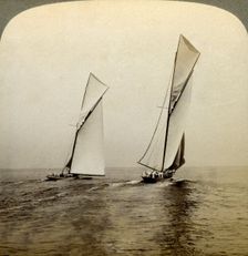 Shamrock I and Shamrock III in a trial race off Sandy Hook, USA.Artist: Underwood & Underwood