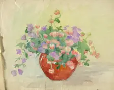 Shamrocks and bluebells in a vase. Creator: Maria Wiik