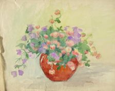 Shamrocks and bluebells in a vase. Creator: Maria Wiik