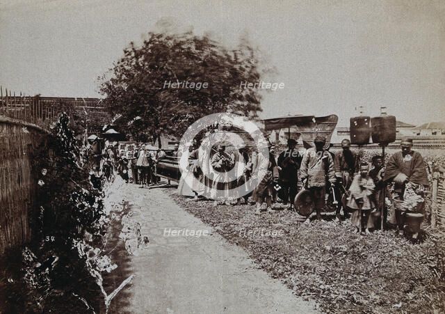 Shanghai, China: a funeral procession, with people carrying banners, c1880s Creator: Unknown.