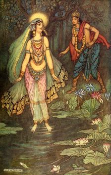 Shantanu Meets the Goddess Ganga 1913. Creator: Warwick Goble