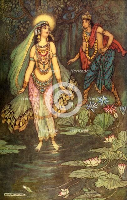 'Shantanu Meets the Goddess Ganga', 1913. Creator: Warwick Goble.