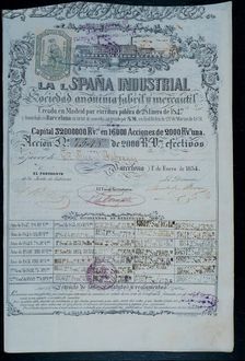 Shares of vellon reals (old Spanish money) of the industrial and commercial Society La España Ind…