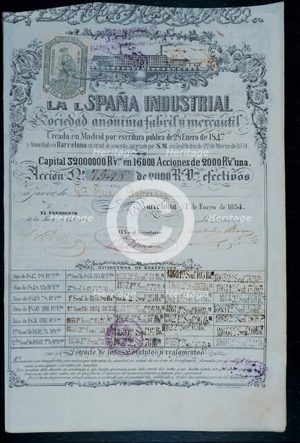 Shares of vellon reals (old Spanish money) of the industrial and commercial Society La España Ind…