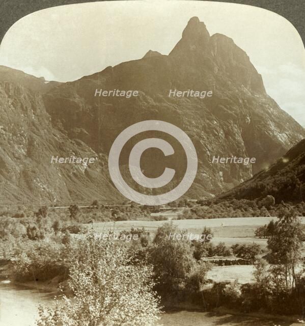 'Sharp pinnacles of Romdalshorn crowning  mountain wall above Rauma river, Norway', c1905. Creator: Unknown.