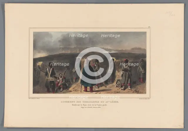 Sharpshooters behind a parapet, 1832, (1833).  Creator: Auguste Raffet.