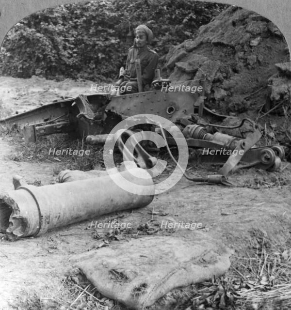 Shattered remains of a luckless howitzer blown up by a direct German hit, World War I, c1914-c1918. Artist: Realistic Travels Publishers