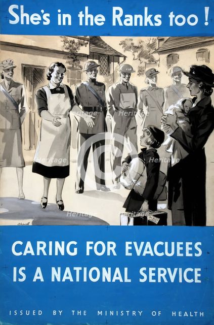 'She's in the Ranks too! Caring for evacuees is a national...', WWII poster, between 1939 and 1946. Creators: Central Office of Information, William Showell.