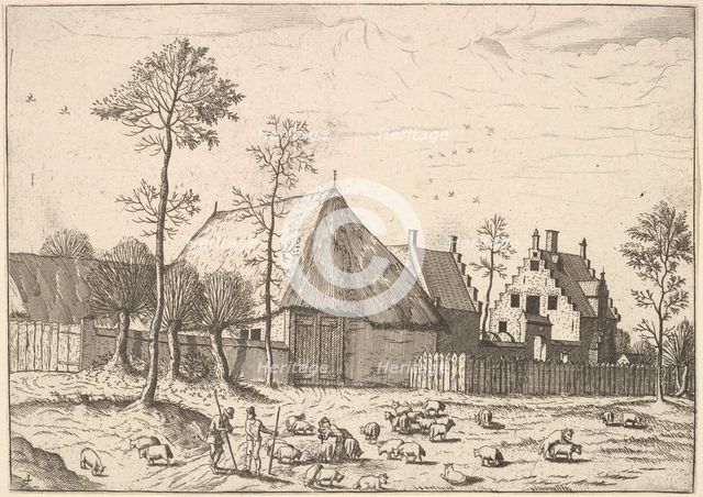 Shed with Cottage, from The Small Landscapes, 1559-61. Creator: Johannes van Doetecum I.