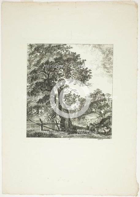 Sheep by a Statue of Pan, plate five from Paysages Dédiés à M. Warelet, 1764. Creator: Salomon Gessner.